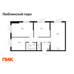 Планировка трехкомнатной(квартира) площадью 75.5 квадратных метров в ЖК “ЖК Люблинский парк”