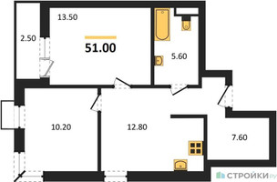 Планировка двухкомнатной(квартира) площадью 51 квадратных метров в “ЖК Скандинавия”