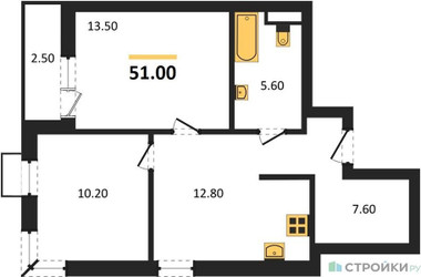 Планировка двухкомнатной(квартира) площадью 51 квадратных метров в ЖК “ЖК Скандинавия”