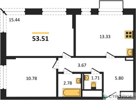 Планировка двухкомнатной(квартира) площадью 53.51 квадратных метров в “ЖК Квартал Марьино”