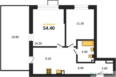 Планировка двухкомнатной(квартира) площадью 54.4 квадратных метров в ЖК “ЖК Прокшино”