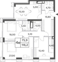 Планировка 4+ комнатной(квартира) площадью 116.2 квадратных метров в “ЖК Will Towers (Вилл Тауэрс)”