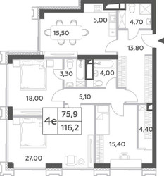 Планировка 4+ комнатной(квартира) площадью 116.2 квадратных метров в ЖК “ЖК Will Towers (Вилл Тауэрс)”