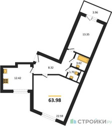 Планировка двухкомнатной(квартира) площадью 63.98 квадратных метров в ЖК “ЖК Домодедово Парк”