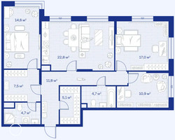 Планировка трехкомнатной(квартира) площадью 99.1 квадратных метров в “ЖК Аристов берег”