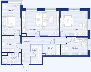 Планировка трехкомнатной(квартира) площадью 99.1 квадратных метров в ЖК “ЖК Аристов берег”