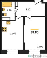 Планировка однокомнатной(квартира) площадью 38.8 квадратных метров в “ЖК ОБЛАКА-2”