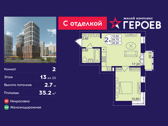 Планировка двухкомнатной(квартира) площадью 35.2 квадратных метров в ЖК “ЖК Героев”
