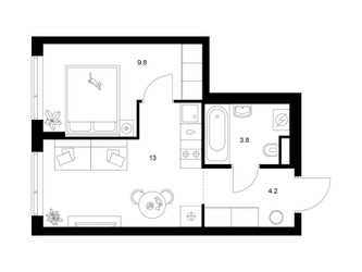 Планировка однокомнатной(квартира) площадью 30.8 квадратных метров в ЖК “Бунинская набережная”
