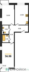 Планировка двухкомнатной(квартира) площадью 56.98 квадратных метров в ЖК “ЖК Квартал Марьино”