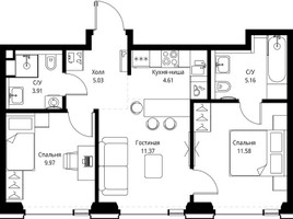 Планировка двухкомнатной(квартира) площадью 51.63 квадратных метров в “ЖК СЕТ”