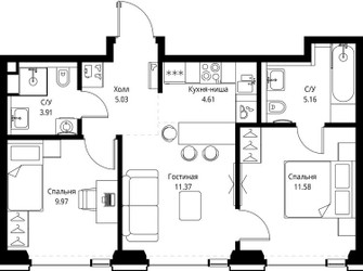 Планировка двухкомнатной(квартира) площадью 51.63 квадратных метров в ЖК “ЖК СЕТ”