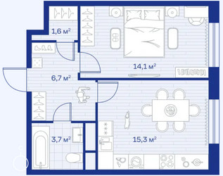 Планировка однокомнатной(квартира) площадью 41.4 квадратных метров в ЖК “ЖК Аристов берег”