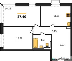 Планировка двухкомнатной(квартира) площадью 57.4 квадратных метров в “ЖК Квартал Герцена”