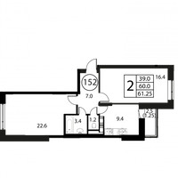 Планировка двухкомнатной(квартира) площадью 61.2 квадратных метров в “ЖК Космос”