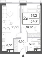 Планировка двухкомнатной(квартира) площадью 54.7 квадратных метров в “ЖК Will Towers (Вилл Тауэрс)”