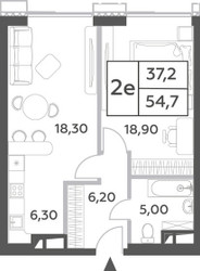 Планировка двухкомнатной(квартира) площадью 54.7 квадратных метров в ЖК “ЖК Will Towers (Вилл Тауэрс)”
