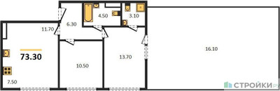 Планировка двухкомнатной(квартира) площадью 73.3 квадратных метров в ЖК “ЖК Скандинавия”