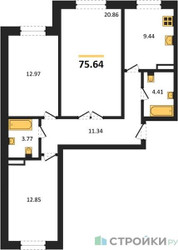 Планировка трехкомнатной(квартира) площадью 75.64 квадратных метров в ЖК “Ласточкино”