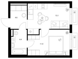 Планировка однокомнатной(квартира) площадью 34 квадратных метров в “ЖК Зеленый парк”