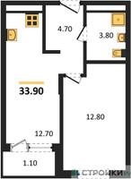 Планировка однокомнатной(апартаменты) площадью 33.9 квадратных метров в “ЖК Равновесие”
