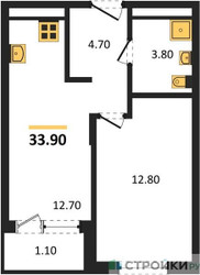 Планировка однокомнатной(апартаменты) площадью 33.9 квадратных метров в ЖК “ЖК Равновесие”
