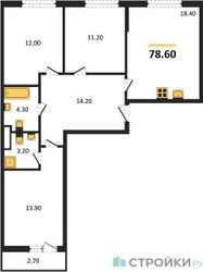 Планировка трехкомнатной(квартира) площадью 78.6 квадратных метров в ЖК “ЖК Родные кварталы”