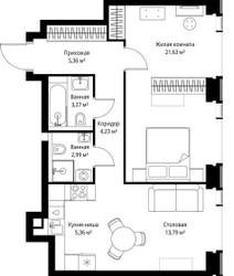 Планировка однокомнатной(квартира) площадью 56.63 квадратных метров в ЖК “Мультиквартал СИТИДЗЕН”