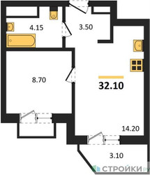 Планировка однокомнатной(квартира) площадью 32.1 квадратных метров в ЖК “ЖК ВОСТОК II”