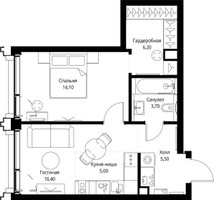 Планировка однокомнатной(квартира) площадью 45.3 квадратных метров в “ЖК СЕТ”