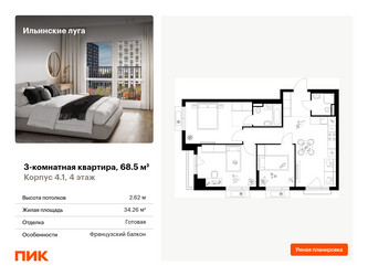 Планировка трехкомнатной(квартира) площадью 68.5 квадратных метров в “ЖК Ильинские луга”