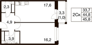 Планировка однокомнатной(квартира) площадью 44.5 квадратных метров в “ЖК Идеал”