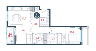 Планировка двухкомнатной(квартира) площадью 52 квадратных метров в ЖК “ЖК РУСИЧ-Кантемировский”