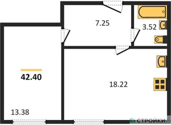 Планировка однокомнатной(апартаменты) площадью 42.4 квадратных метров в ЖК “ЖК Равновесие”