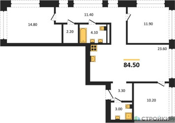 Планировка трехкомнатной(квартира) площадью 84.5 квадратных метров в ЖК “ЖК Дом А”