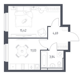 Планировка однокомнатной(квартира) площадью 34.98 квадратных метров в ЖК “ЖК Новое Видное”