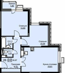 Планировка двухкомнатной(квартира) площадью 60.3 квадратных метров в ЖК “ЖК Соболевка”