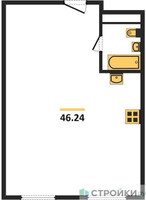 Планировка однокомнатной(апартаменты) площадью 46.24 квадратных метров в “ЖК Октябрьская 98 (MirrorЗдание)”