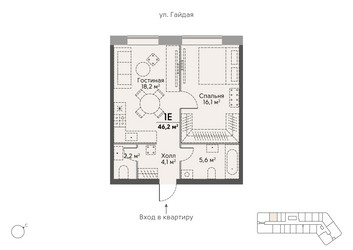 Планировка однокомнатной(квартира) площадью 46.4 квадратных метров в ЖК “ЖК Stories на Мосфильмовской”