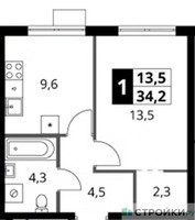 Планировка однокомнатной(квартира) площадью 34.2 квадратных метров в “ЖК 1-й Ясеневский (Первый Ясеневский)”