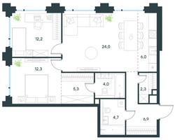 Планировка трехкомнатной(квартира) площадью 77.7 квадратных метров в “ЖК Level Бауманская”