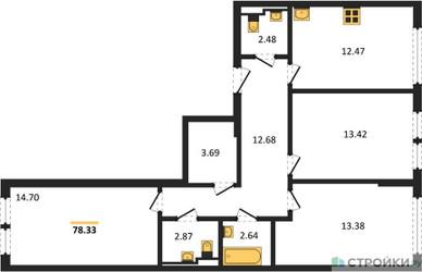 Планировка трехкомнатной(квартира) площадью 78.33 квадратных метров в ЖК “ЖК Остафьево”