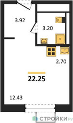 Планировка студии(квартира) площадью 22.25 квадратных метров в ЖК “Квартал Ивакино”