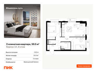 Планировка двухкомнатной(квартира) площадью 50.5 квадратных метров в ЖК “ЖК Ильинские луга”