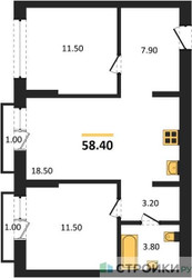 Планировка двухкомнатной(квартира) площадью 58.4 квадратных метров в ЖК “ЖК Первый квартал”