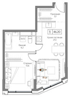 Планировка однокомнатной(квартира) площадью 46 квадратных метров в “ЖК Дрим Рива”