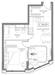 Планировка однокомнатной(квартира) площадью 46 квадратных метров в ЖК “ЖК Дрим Рива”