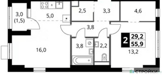 Планировка однокомнатной(квартира) площадью 55.9 квадратных метров в “ЖК 1-й Ясеневский (Первый Ясеневский)”