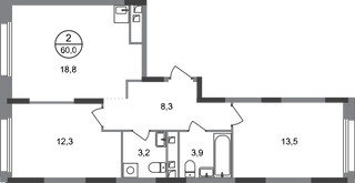 Планировка двухкомнатной(квартира) площадью 60 квадратных метров в “ЖК Переделкино Ближнее”