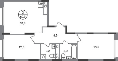 Планировка двухкомнатной(квартира) площадью 60 квадратных метров в ЖК “ЖК Переделкино Ближнее”
